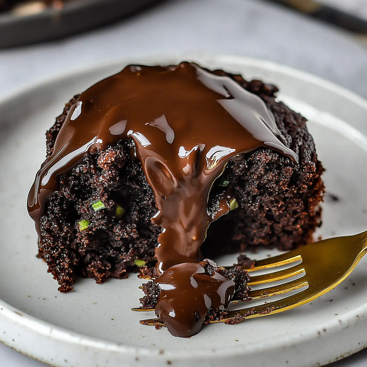 gluten-free-chocolate-zucchini-cake-Recipe A slice of moist gluten-free chocolate zucchini cake on a plate, topped with melted chocolate and a gold
