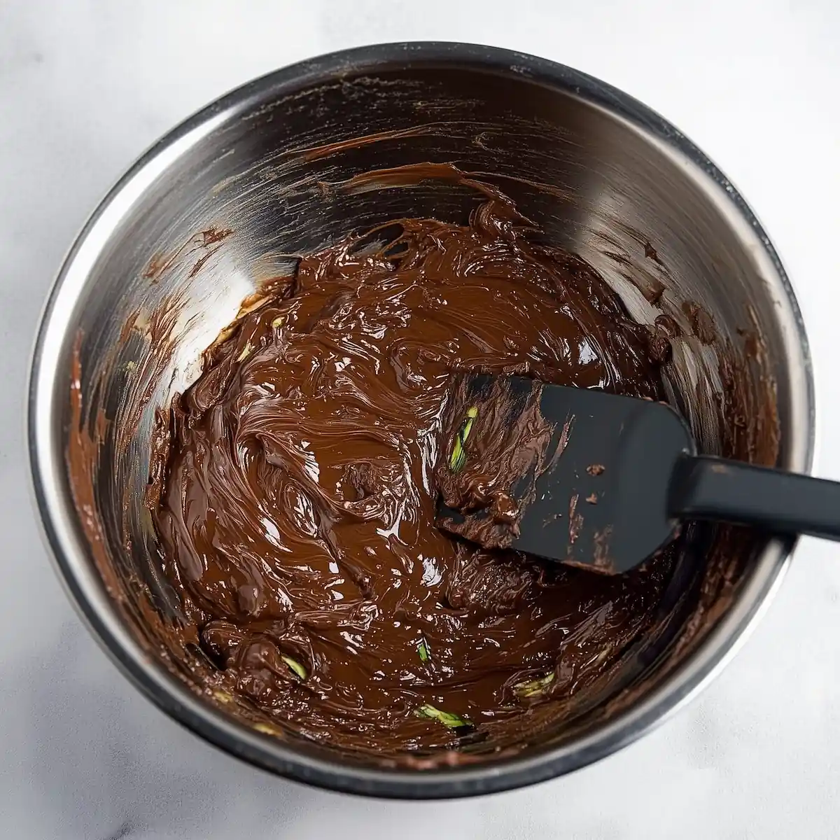 gluten-free-chocolate-zucchini-cake-batter Thick gluten free chocolate zucchini cake batter in a metal mixing bowl with a black spatula