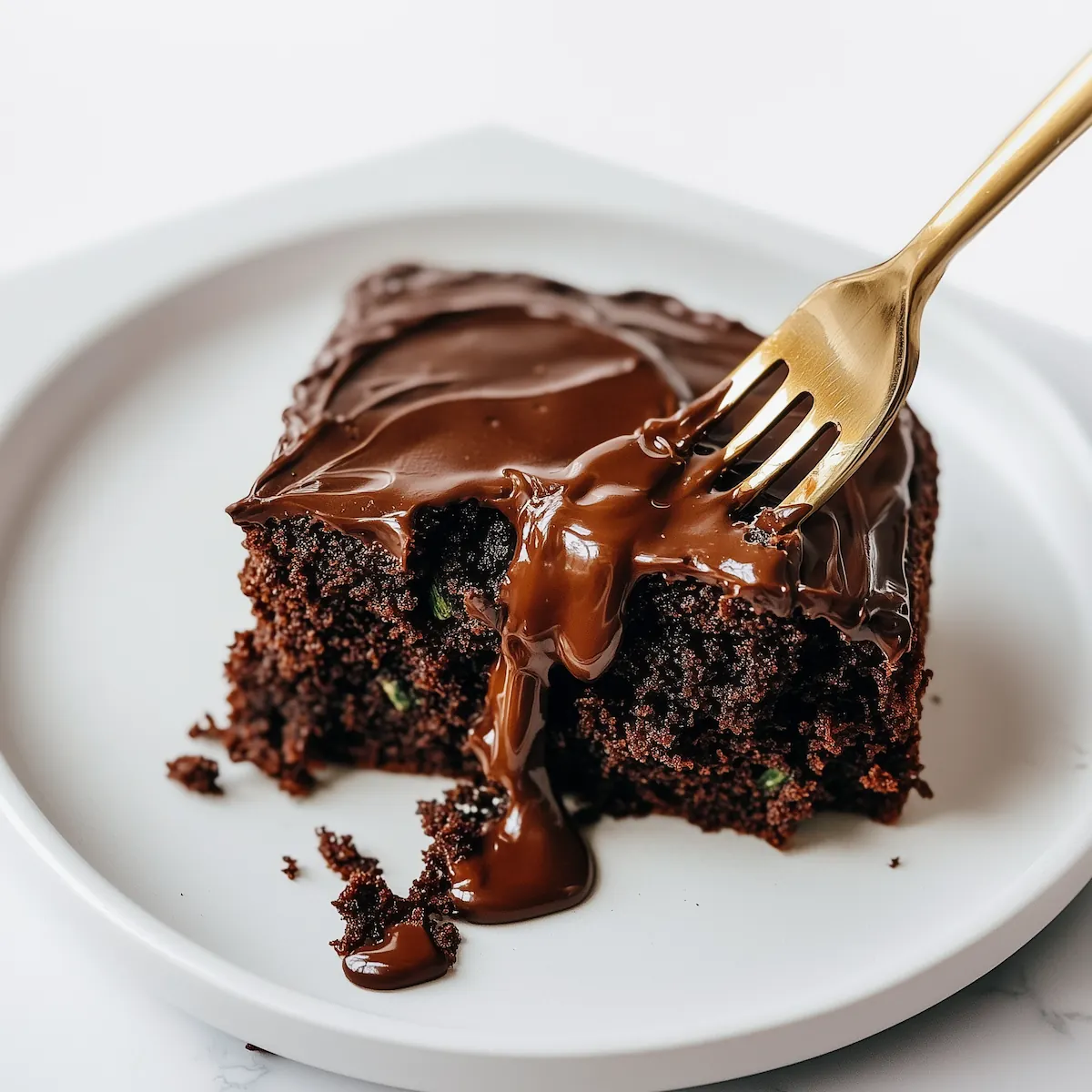 gluten-free-chocolate-zucchini-cake A moist square slice of gluten-free chocolate zucchini cake topped with glossy melted chocolate, being cut with a gold fork
