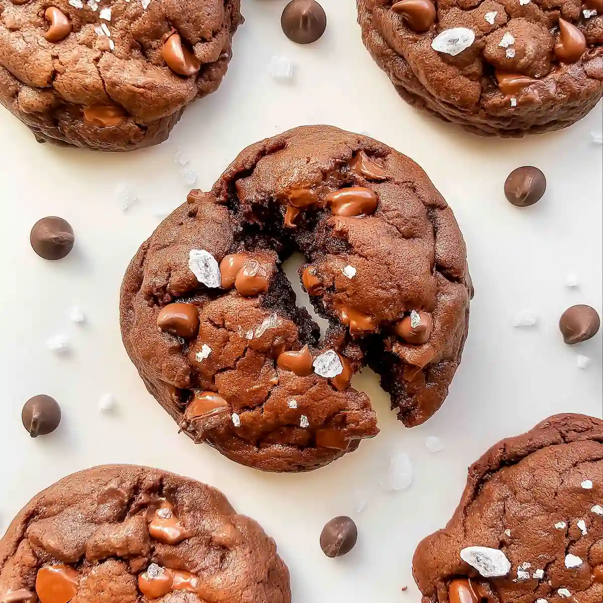 gluten-free-crumbl-dark-dream-cookie-center A broken gluten free Crumbl Dark Dream cookie showing a gooey chocolate center, surrounded by whole cookies, chocolate chips, and sea salt flakes