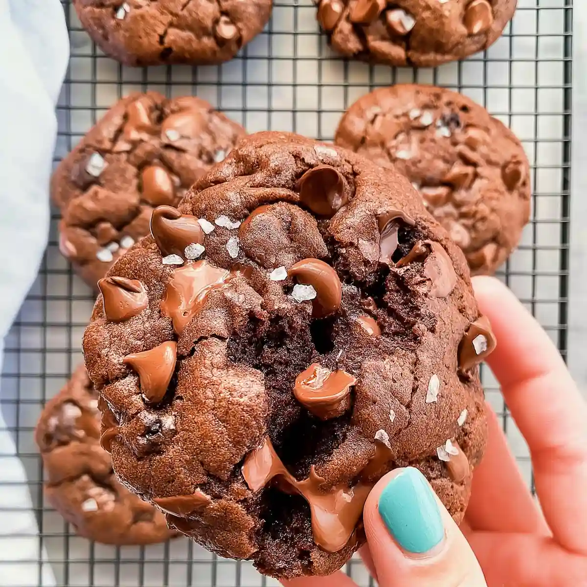gluten-free-crumbl-dark-dream-cookies Gluten free Crumbl Dark Dream cookie held in hand, filled with gooey chocolate chips and sprinkled with flaky sea salt