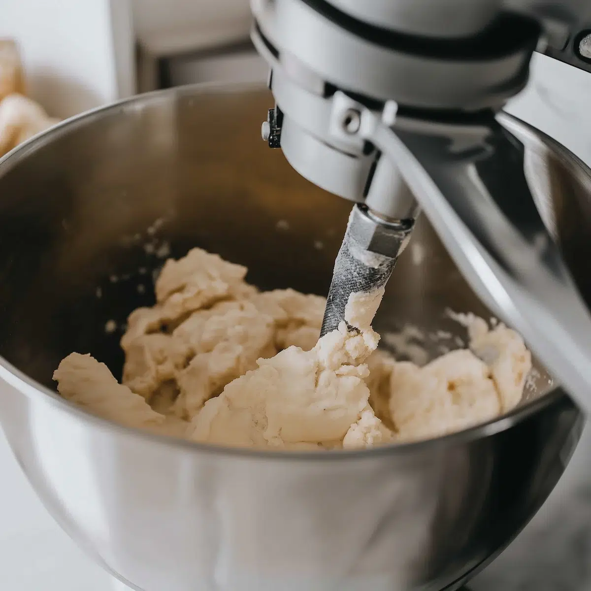 gluten-free-crumbl-sugar-cookie-dough Gluten-free sugar cookie dough being mixed in a stand mixer bowl using a paddle attachment