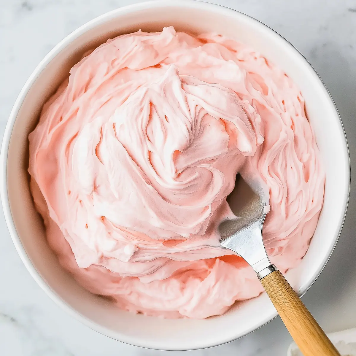 gluten-free-crumbl-sugar-cookie-frosting A bowl of fluffy pink buttercream frosting with a metal spatula, ready to top gluten-free sugar cookies