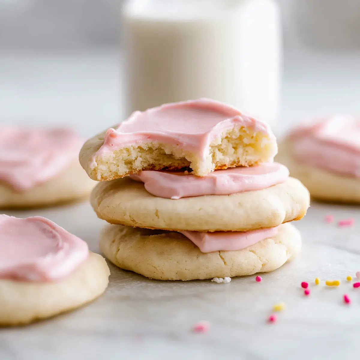 gluten-free-crumbl-sugar-cookies-stack A stack of gluten-free Crumbl sugar cookies with pink frosting, the top cookie has a bite taken out and a glass of milk in the background