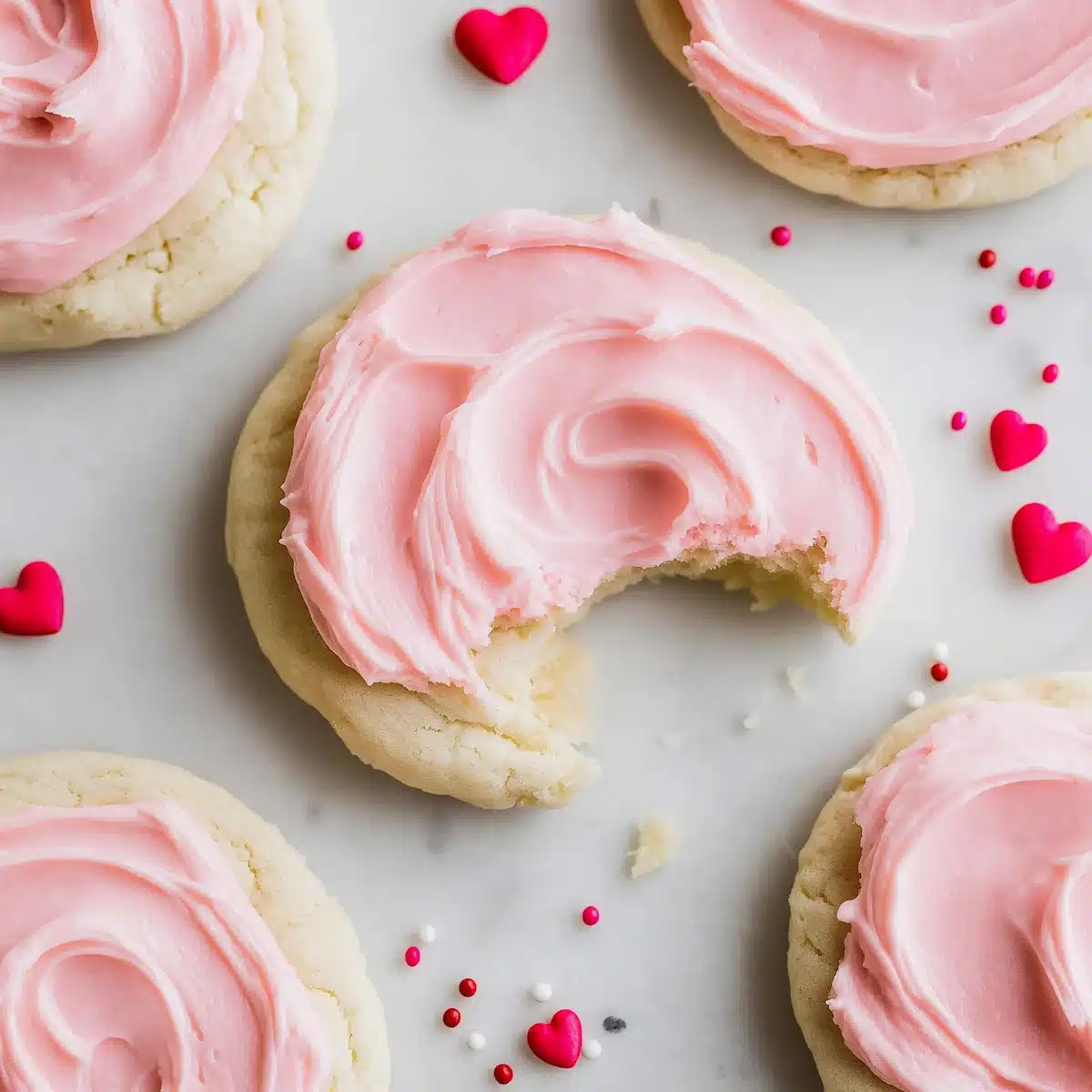 gluten-free-crumbl-sugar-cookies Gluten-free Crumbl-style sugar cookies topped with pink frosting and heart-shaped sprinkles, one cookie with a bite taken out
