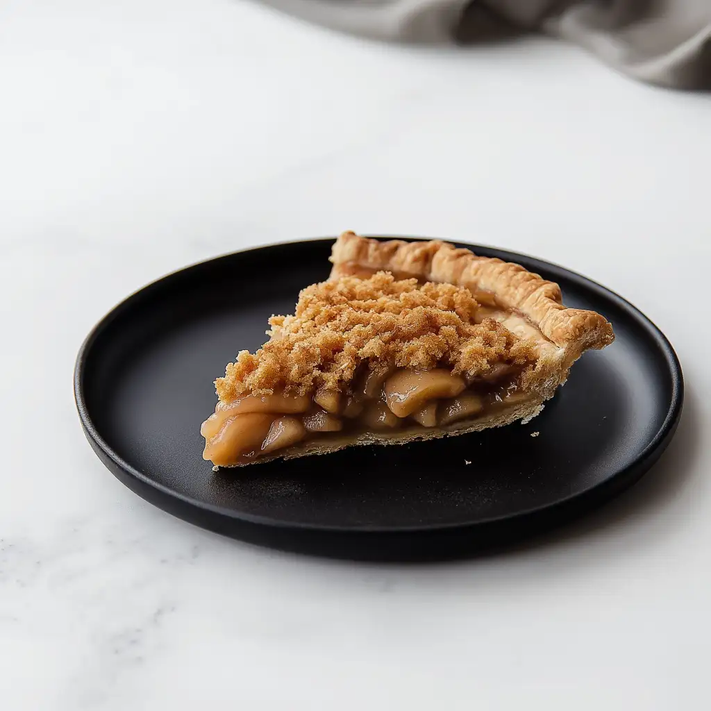 gluten-free-dutch-apple-pie-side-view Side view of a slice of gluten-free Dutch apple pie on a black plate, showing layers of spiced apple filling and crumb topping