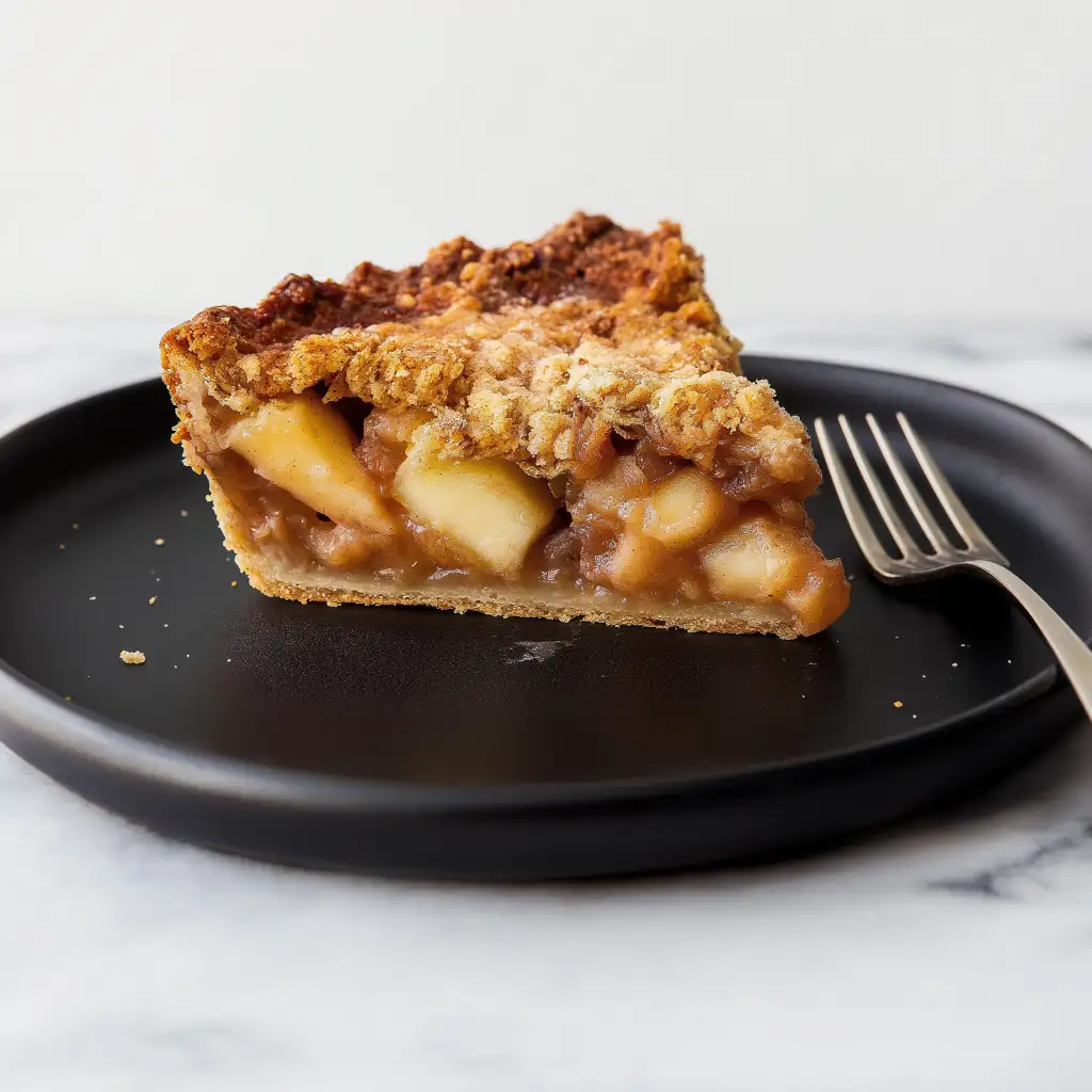 gluten-free-dutch-apple-pie-slice A thick slice of gluten-free Dutch apple pie on a black plate with a fork, showing tender apple filling and golden streusel topping