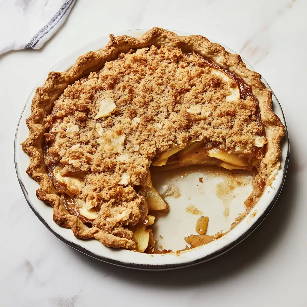 gluten-free-dutch-apple-pie A gluten-free Dutch apple pie with a crumbly streusel topping in a white pie dish, one slice removed to reveal spiced apple filling