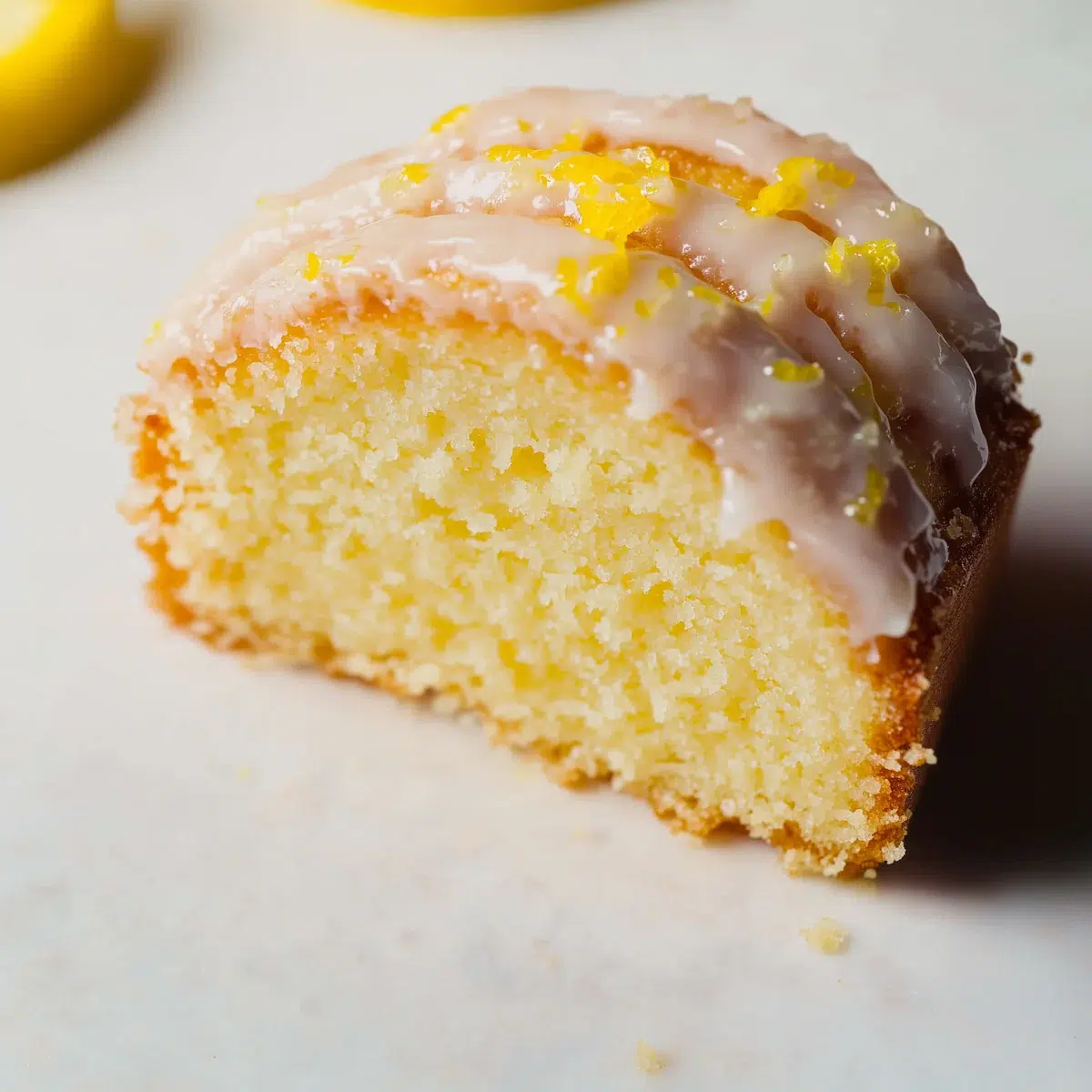gluten-free-lemon-bundt-cake-slice-with-lemon-glaze Close-up of a slice of gluten-free lemon bundt cake with lemon glaze and fresh lemon zest on top