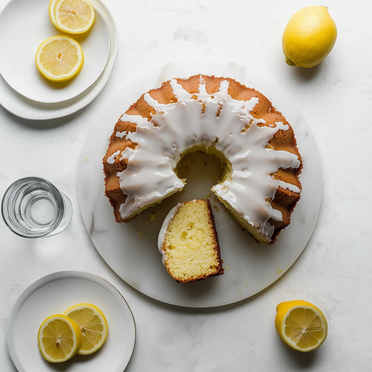 gluten-free-lemon-bundt-cake-with-lemon-glaze A sliced gluten-free lemon bundt cake topped with glossy lemon glaze, surrounded by fresh lemon halves on a white background