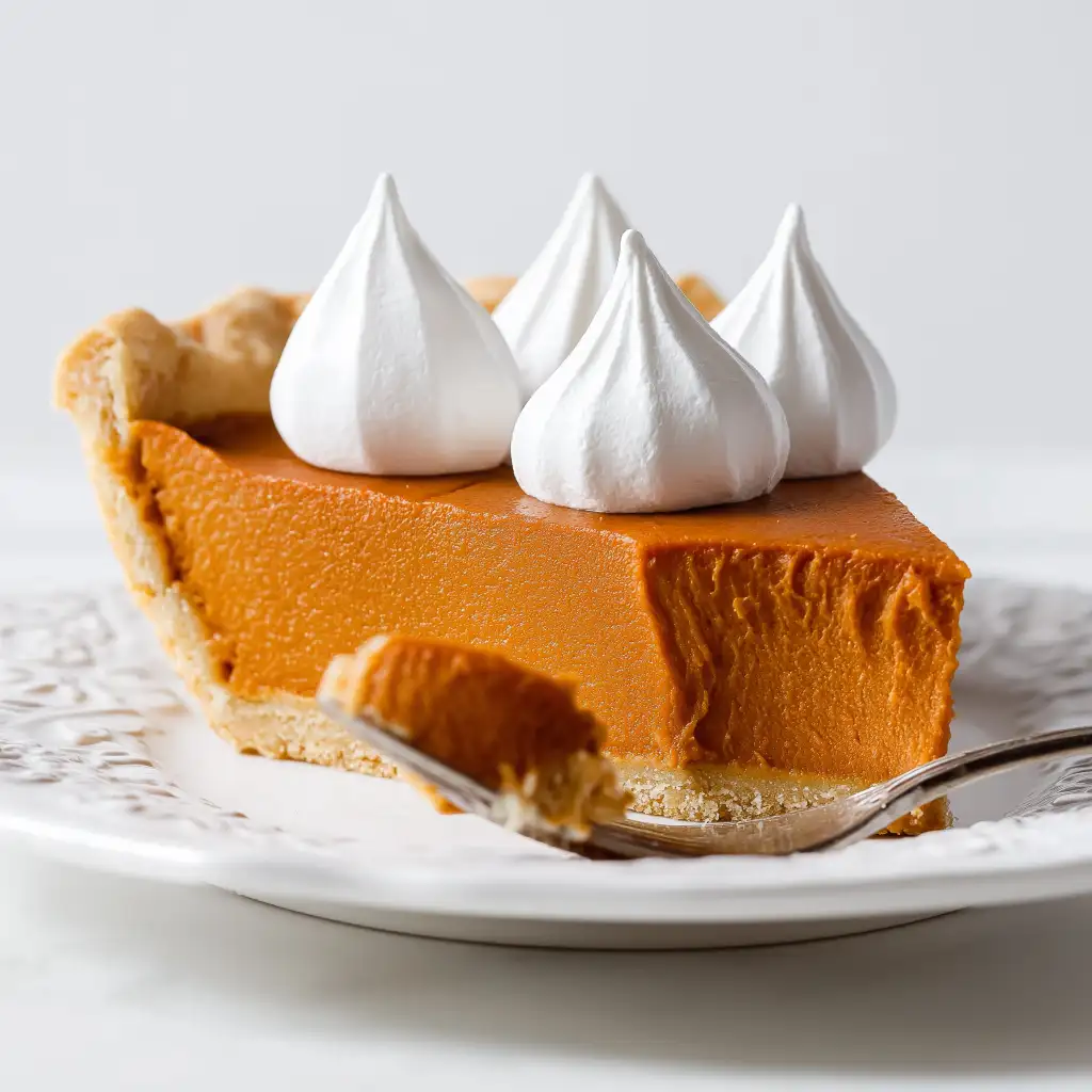 gluten-free-sweet-potato-pie-slice-with-marshmallow-creme A close-up slice of gluten-free sweet potato pie with marshmallow creme on top and a bite taken