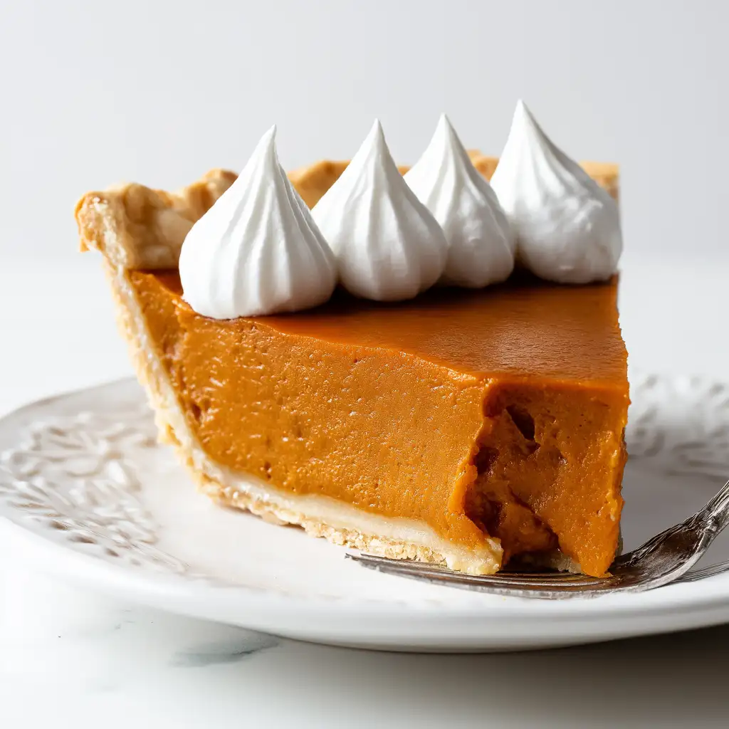 gluten-free-sweet-potato-pie-with-marshmallow-creme A slice of gluten-free sweet potato pie topped with piped marshmallow creme on a white plate