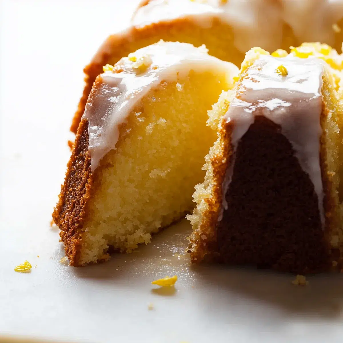 sliced-gluten-free-lemon-bundt-cake-with-glaze Freshly sliced gluten-free lemon bundt cake with lemon glaze dripping down the sides and lemon zest sprinkled on top